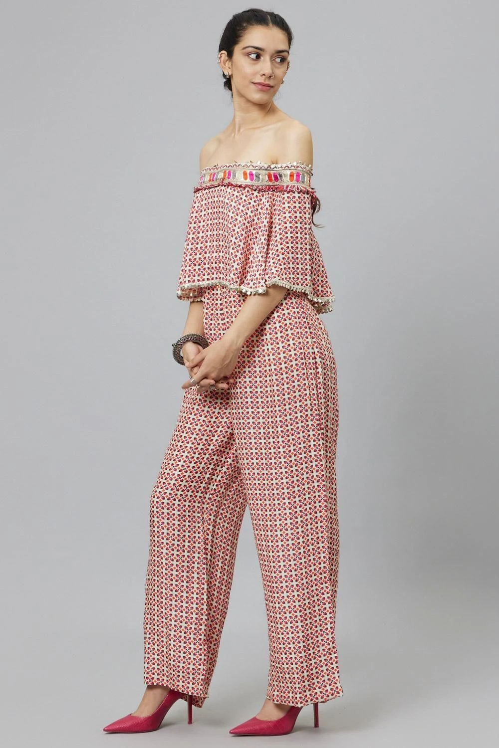 SVA Ivory Geometric Printed Cape Style Jumpsuit 4 SVA Ivory Geometric Printed Cape Style Jumpsuit - Image 2