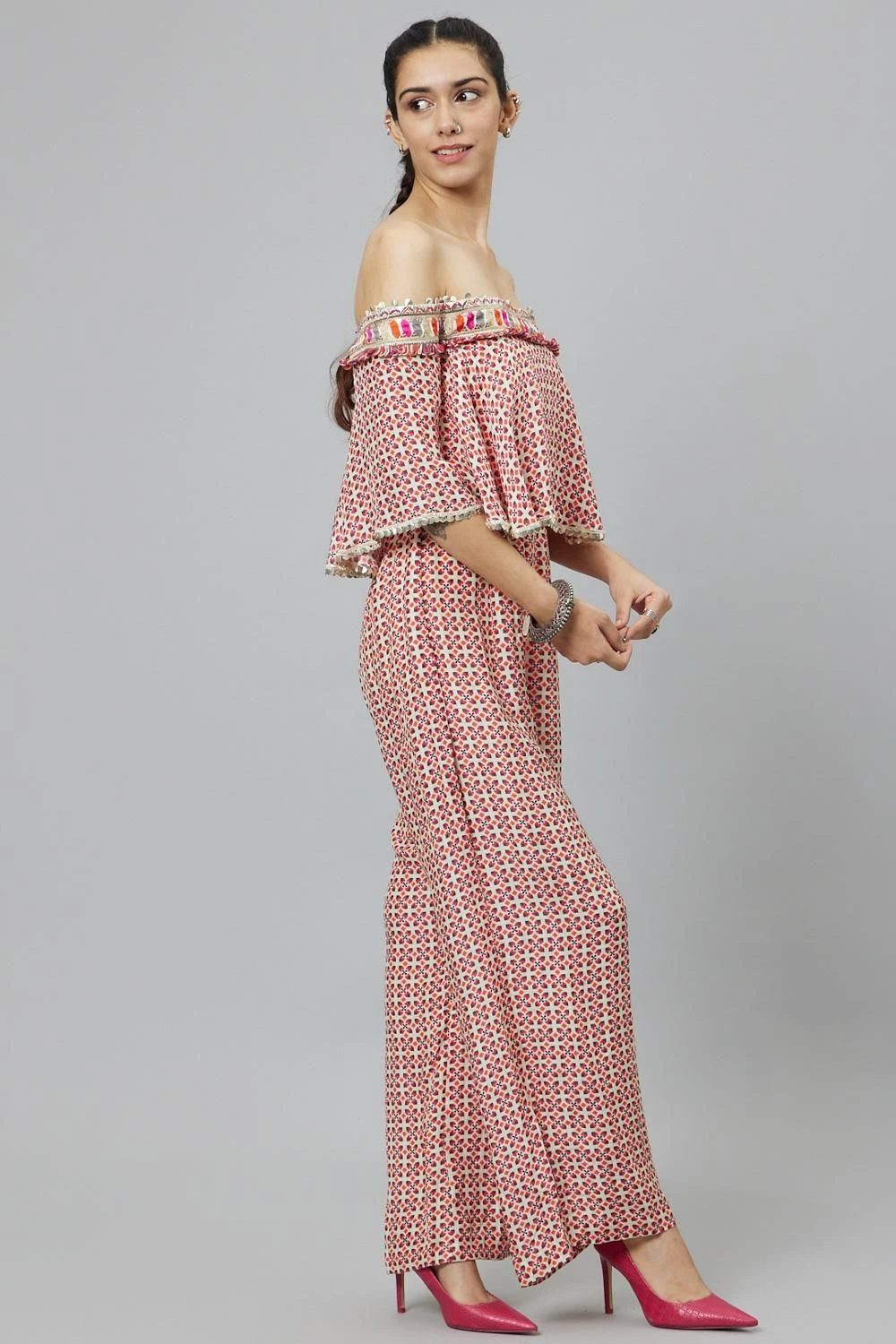 SVA Ivory Geometric Printed Cape Style Jumpsuit 5 SVA Ivory Geometric Printed Cape Style Jumpsuit - Image 3