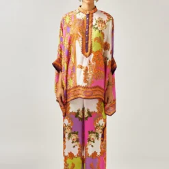 Rajdeep Ranawat Pink Band Collar Floral Tunic