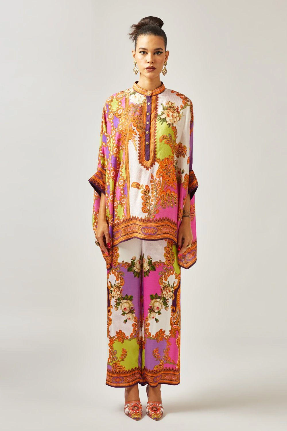 Rajdeep Ranawat Pink Band Collar Floral Tunic 3 Rajdeep Ranawat Pink Band Collar Floral Tunic