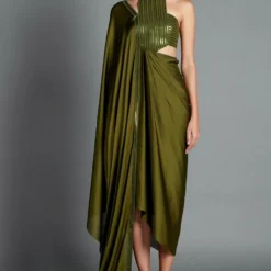 Amit Aggarwal Olive Green Halter Neck Draped Dress