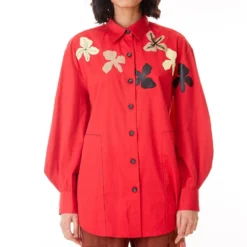 Kanika Goyal Label Red Bishop Sleeves Applique Shirt