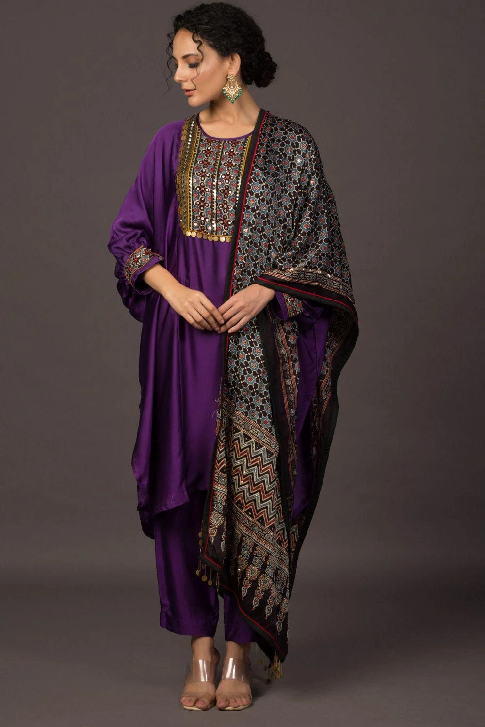 Prahnaaya Purple Hand Embroidered Ajrakh Patch Kurta Set 3 Prahnaaya Purple Hand Embroidered Ajrakh Patch Kurta Set