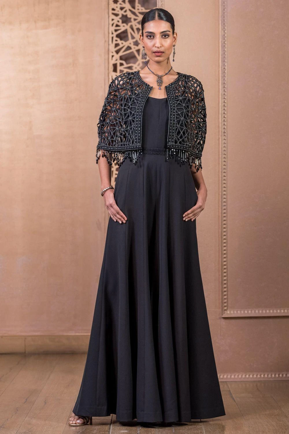 Tarun Tahiliani Black Cutwork Cape & Jumpsuit Set 3 Tarun Tahiliani Black Cutwork Cape & Jumpsuit Set