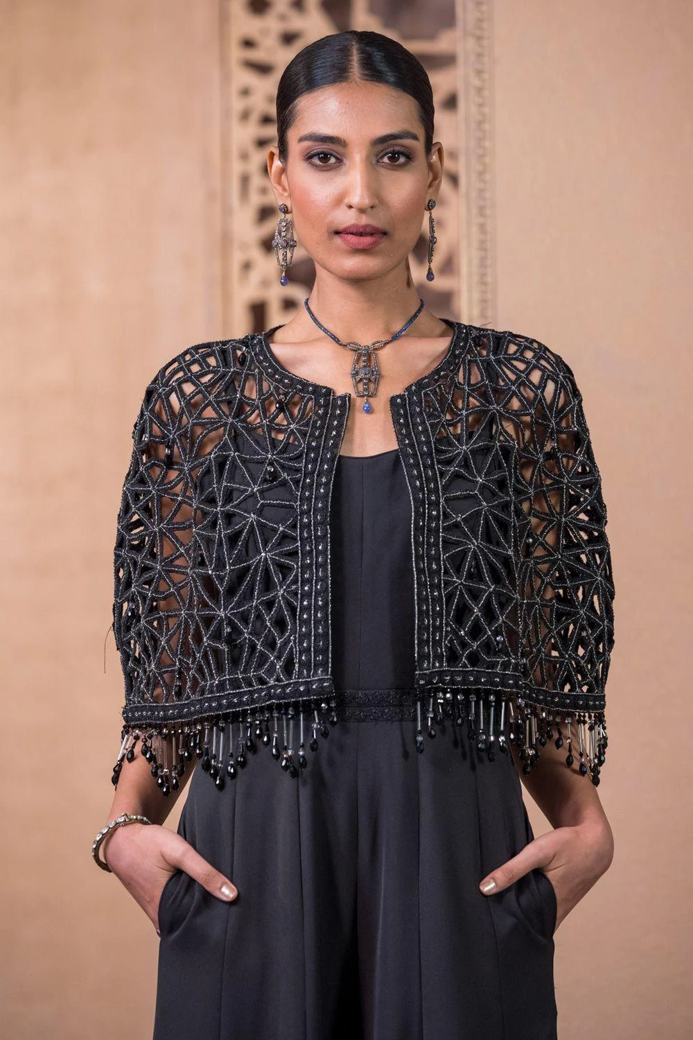 Tarun Tahiliani Black Cutwork Cape & Jumpsuit Set 5 Tarun Tahiliani Black Cutwork Cape & Jumpsuit Set - Image 3