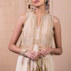 Tarun Tahiliani Beige Hand Embellished Jumpsuit And Gilet Set -Textalux Sales 12623tt5 2