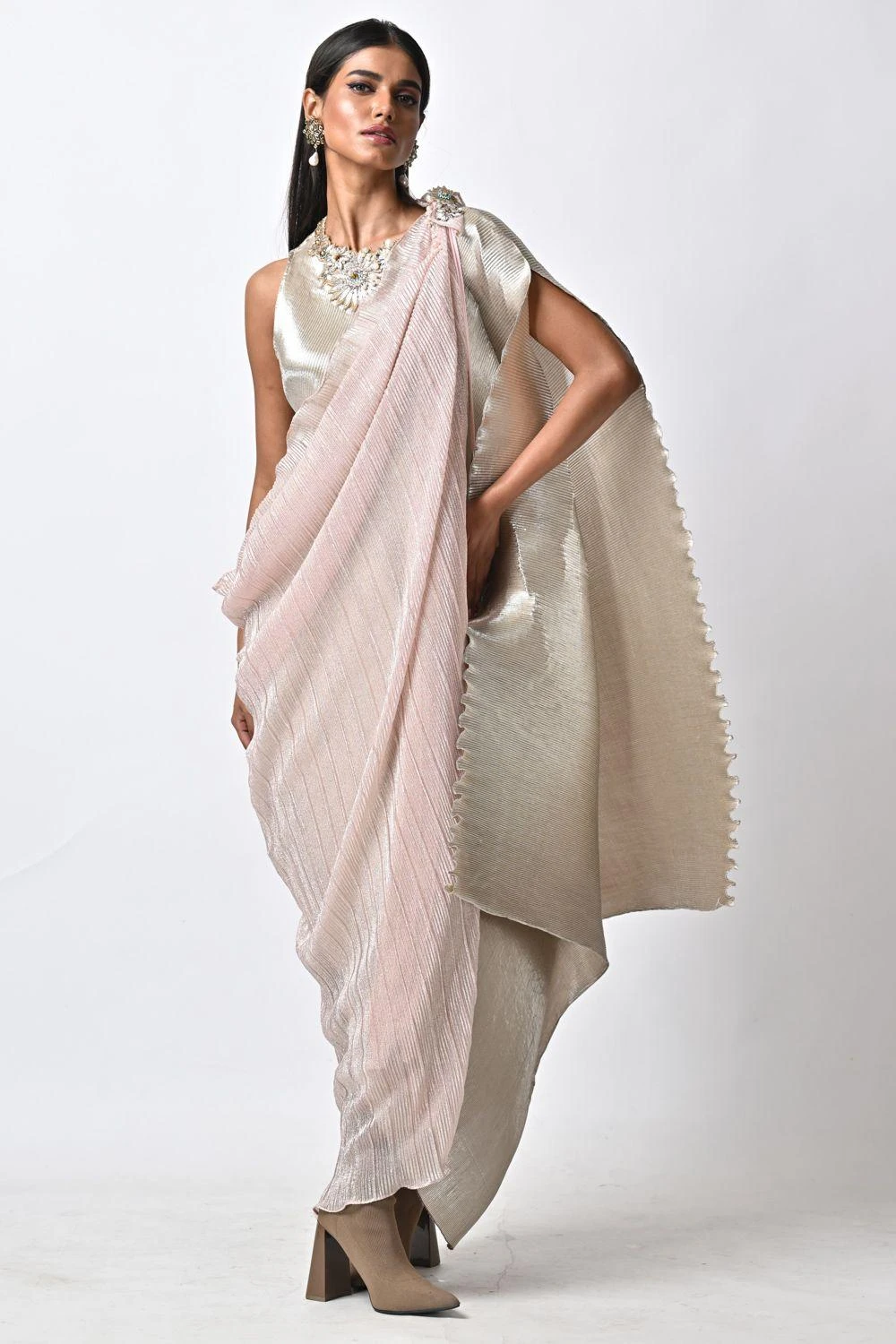 Kiran Uttam Ghosh Metallic Silver Hand Embellished Pleated Kaftan 3 Kiran Uttam Ghosh Metallic Silver Hand Embellished Pleated Kaftan