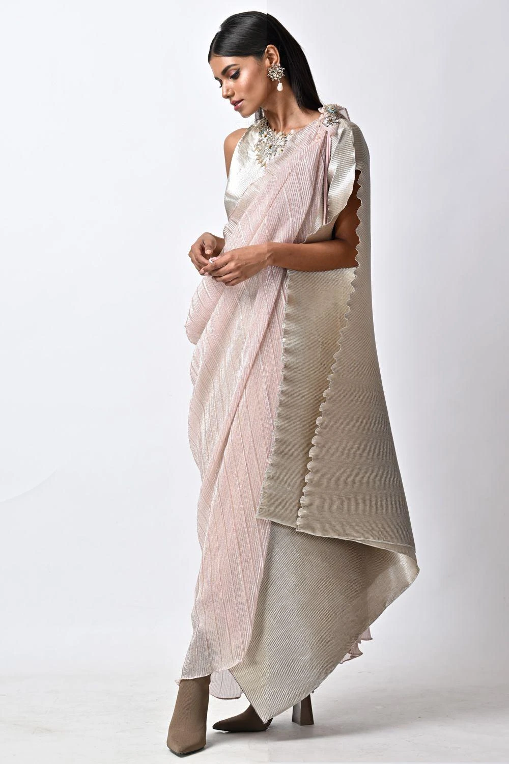 Kiran Uttam Ghosh Metallic Silver Hand Embellished Pleated Kaftan 4 Kiran Uttam Ghosh Metallic Silver Hand Embellished Pleated Kaftan - Image 2