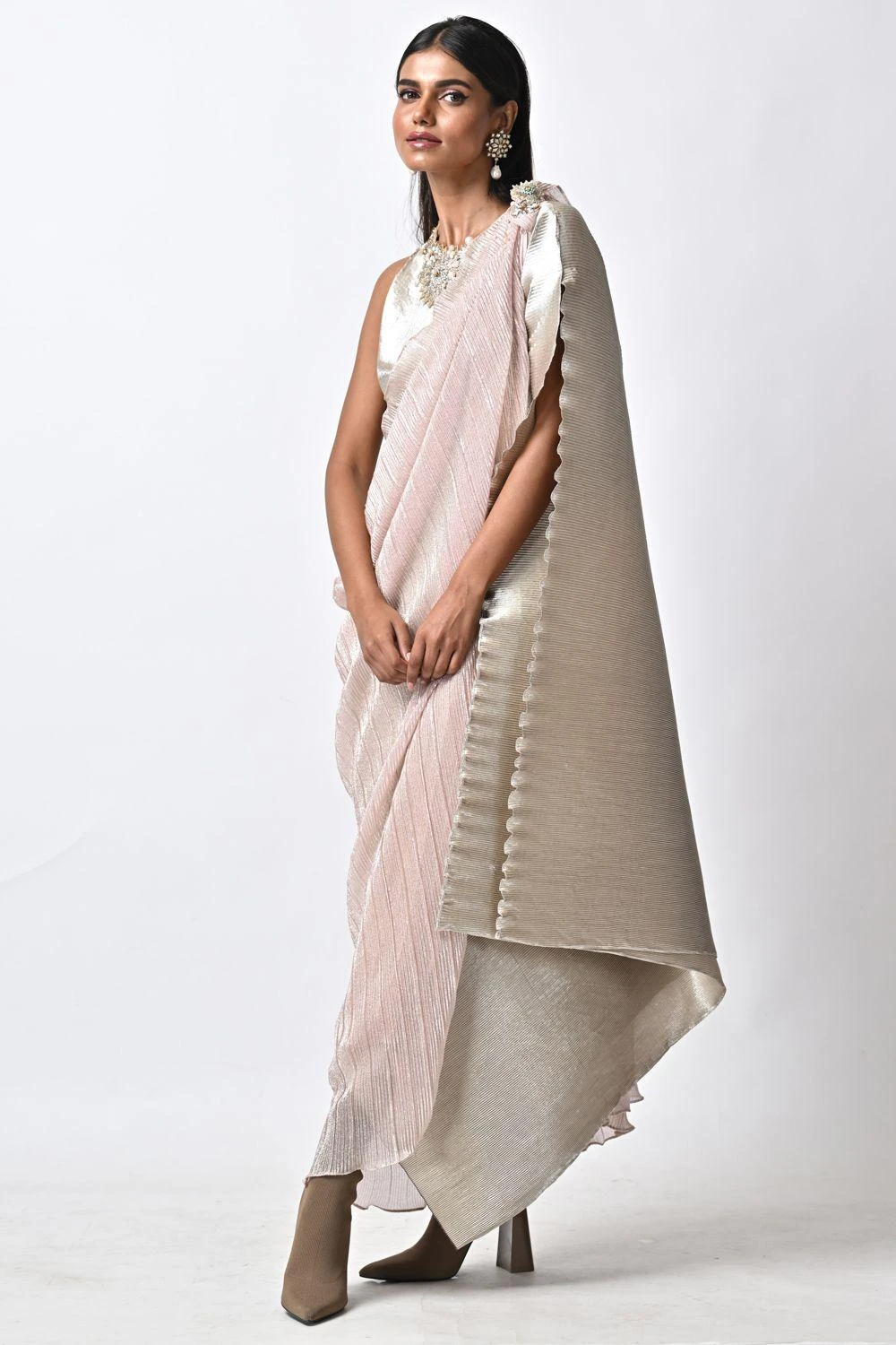 Kiran Uttam Ghosh Metallic Silver Hand Embellished Pleated Kaftan 5 Kiran Uttam Ghosh Metallic Silver Hand Embellished Pleated Kaftan - Image 3
