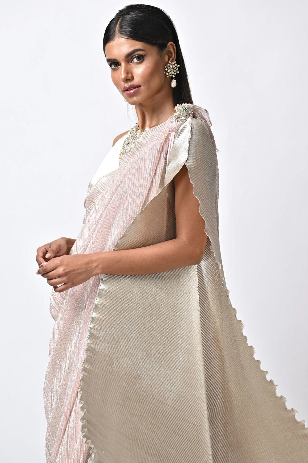 Kiran Uttam Ghosh Metallic Silver Hand Embellished Pleated Kaftan 6 Kiran Uttam Ghosh Metallic Silver Hand Embellished Pleated Kaftan - Image 4