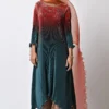 Kiran Uttam Ghosh Red Into Teal Pleated Kaftan -Textalux Sales 1311kug17 1