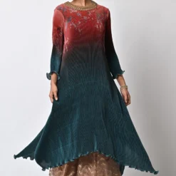 Kiran Uttam Ghosh Red Into Teal Pleated Kaftan -Textalux Sales 1311kug17 2