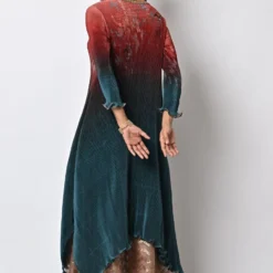Kiran Uttam Ghosh Red Into Teal Pleated Kaftan -Textalux Sales 1311kug17 4