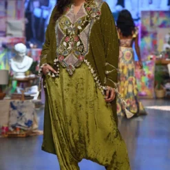 Payal Singhal Olive Green Embellished Kaftan Set