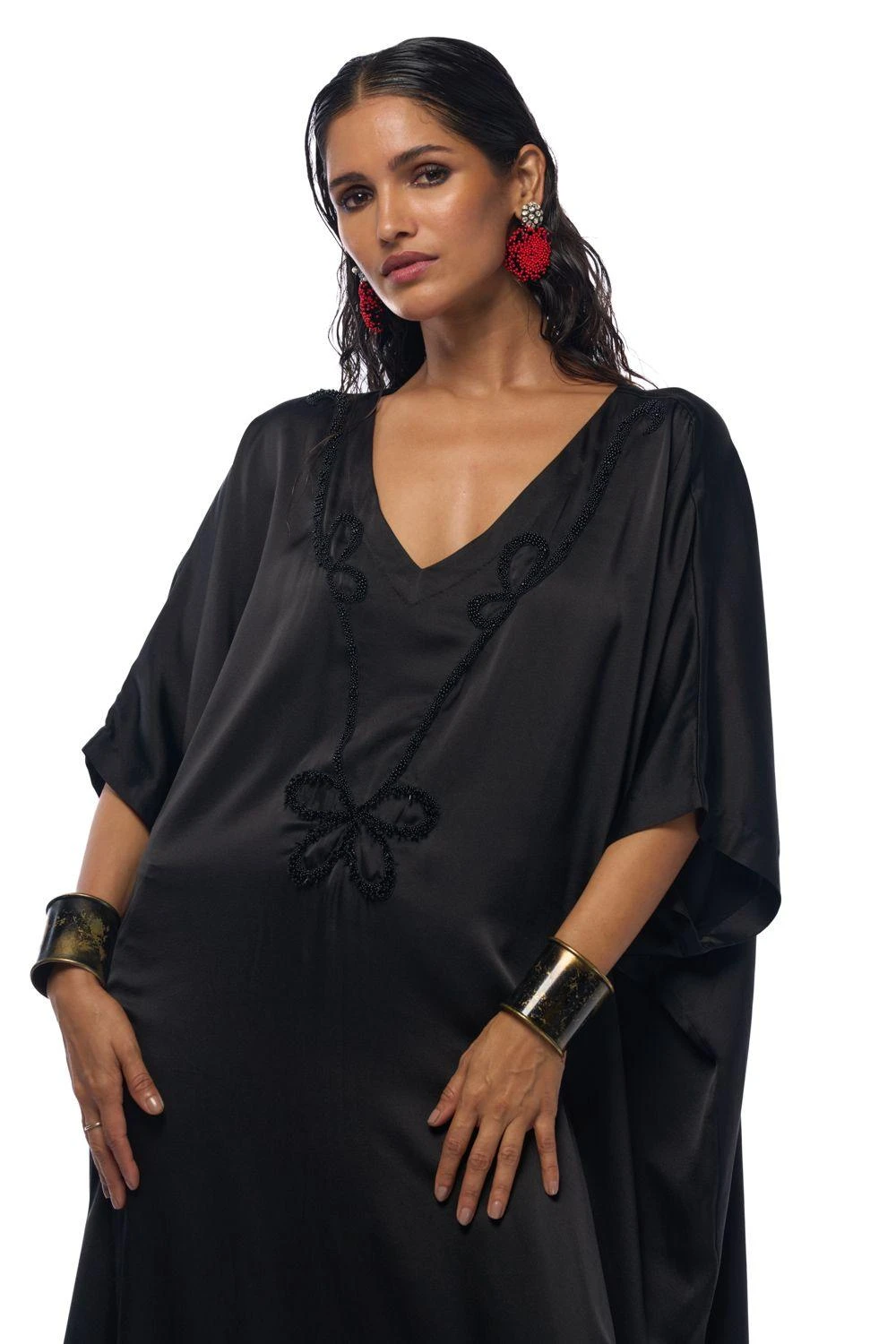 AK-OK By Anamika Khanna Matte Black Silk Kaftan Dress 6 AK-OK By Anamika Khanna Matte Black Silk Kaftan Dress - Image 4