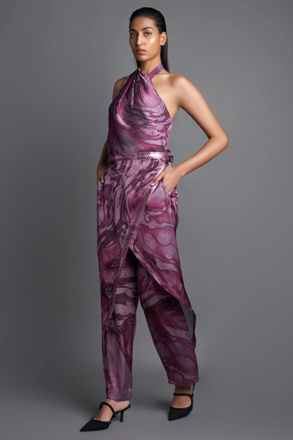 Amit Aggarwal Marbled Draped Plum Jumpsuit 4 Amit Aggarwal Marbled Draped Plum Jumpsuit - Image 2