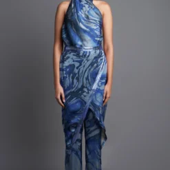 Amit Aggarwal Marbled Draped Aqua Jumpsuit