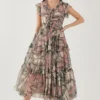 KoAi Pink And White Floral Frill Midi Dress -Textalux Sales 17723koia44 1