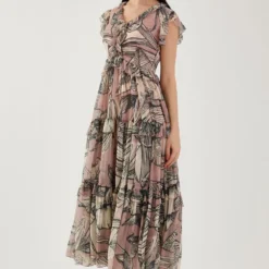 KoAi Pink And White Floral Frill Midi Dress -Textalux Sales 17723koia44 2