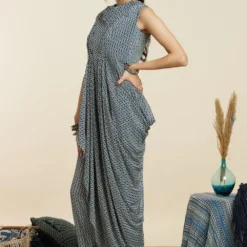 SVA Blue Crop Top With An Attached Drape & Pants -Textalux Sales 181123sva50 3