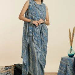 SVA Blue Stripe Top With An Attached Drape & Pants