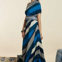 SVA Blue-Hued Stripe Print One-Shoulder Cowl Dress -Textalux Sales 181123sva90 3