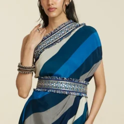 SVA Blue-Hued Stripe Print One-Shoulder Cowl Dress -Textalux Sales 181123sva90 4