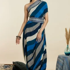 SVA Blue-Hued Stripe Print One-Shoulder Cowl Dress -Textalux Sales 181123sva90 5