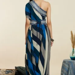 SVA Blue-Hued Stripe Print One-Shoulder Cowl Dress -Textalux Sales 181123sva90 7