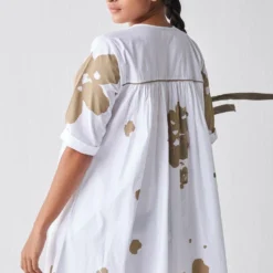 Three White & Sage Gathered Dress -Textalux Sales 18223td10 5