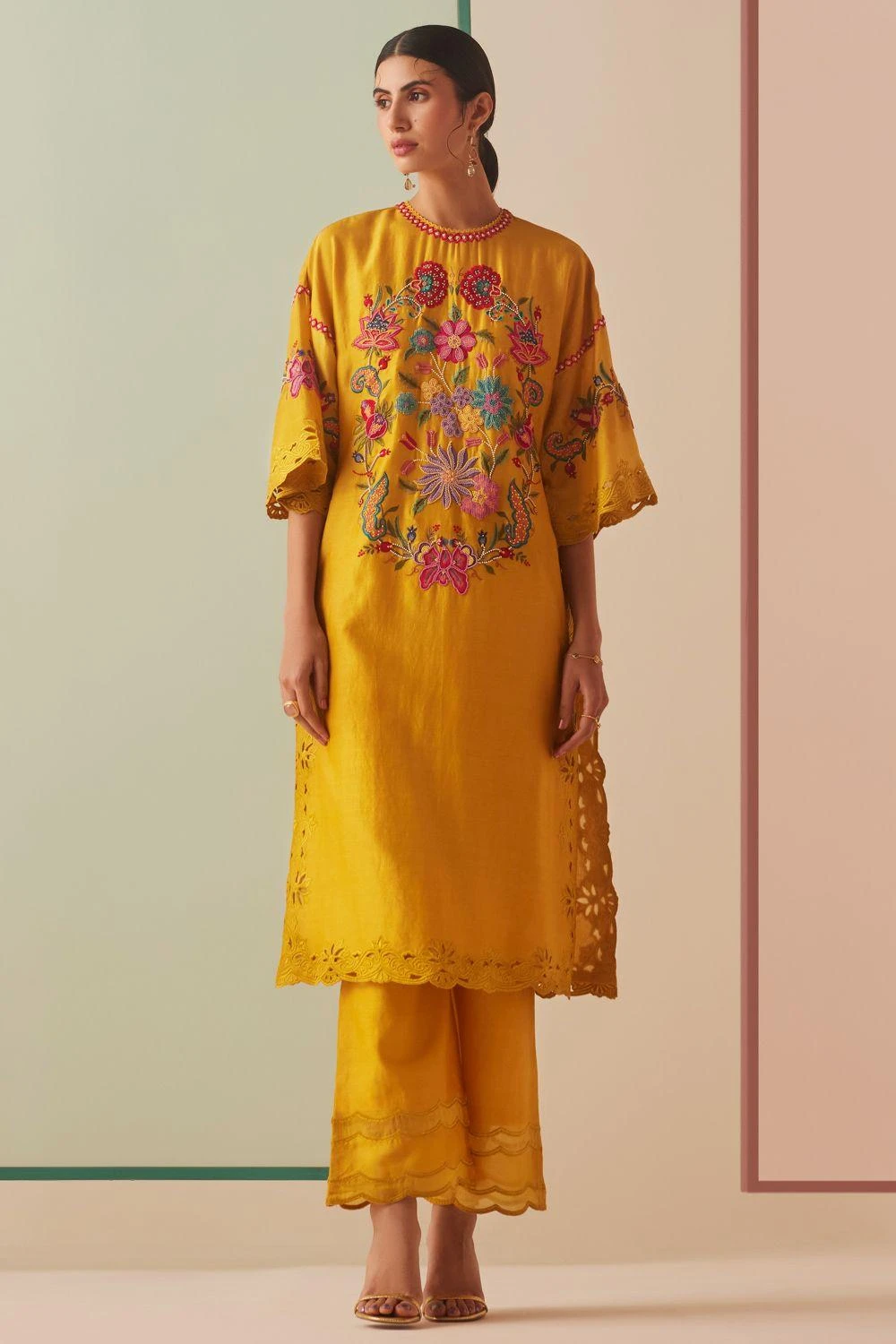 Chandrima Mustard Thread Work And Beadwork Kurta 3 Chandrima Mustard Thread Work And Beadwork Kurta
