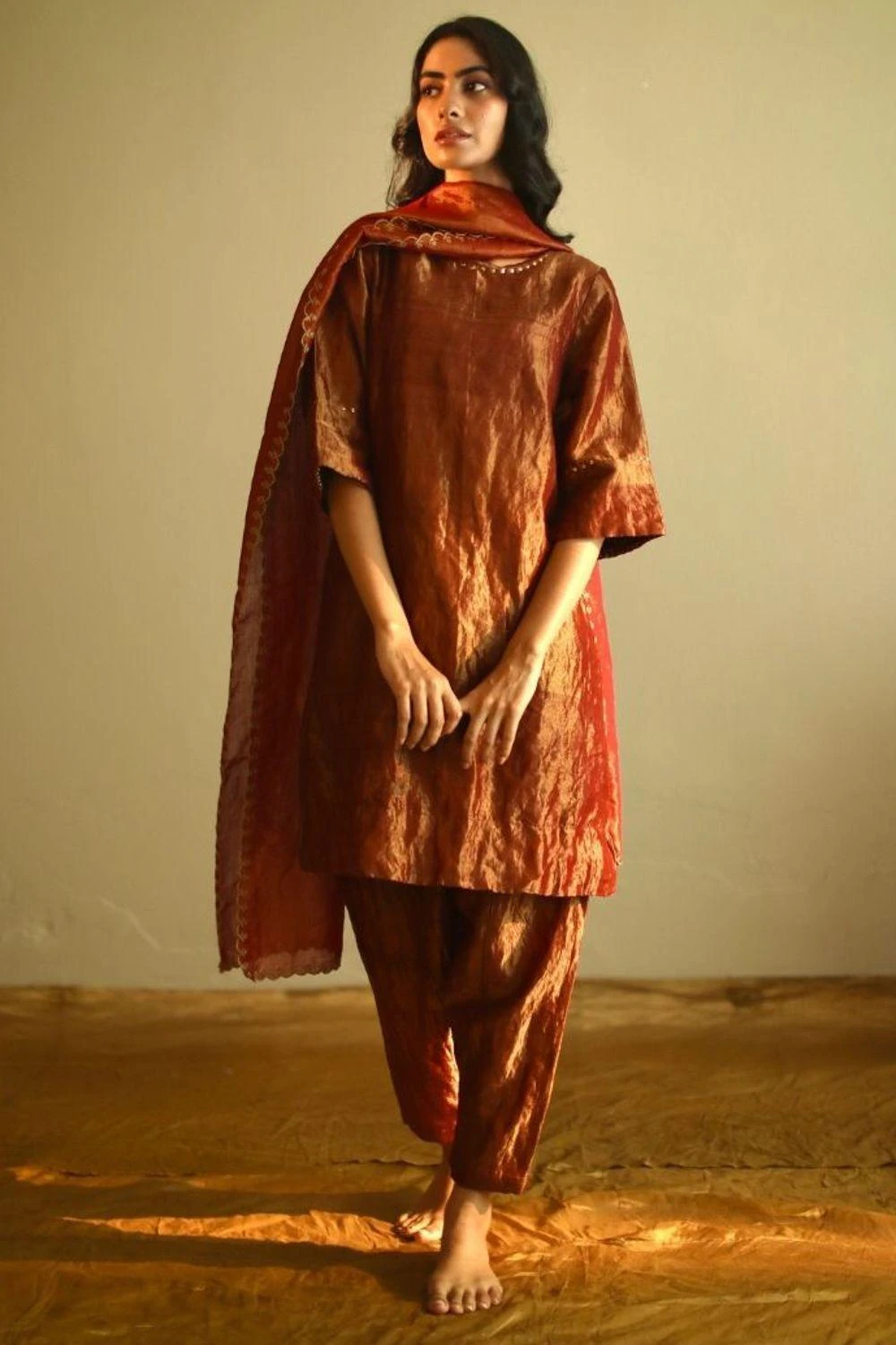 Shorshe Rust Red Handloom Tissue Kurta Set 3 Shorshe Rust Red Handloom Tissue Kurta Set