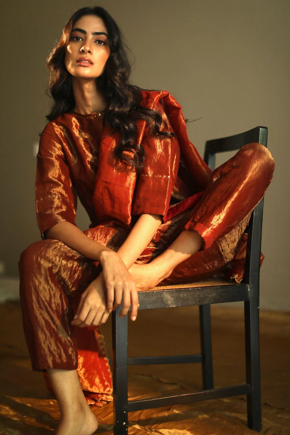 Shorshe Rust Red Handloom Tissue Kurta Set 6 Shorshe Rust Red Handloom Tissue Kurta Set - Image 4