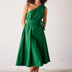 Khara Kapas Dark Green Poplin One Shoulder Dress