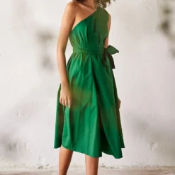 Khara Kapas Dark Green Poplin One Shoulder Dress -Textalux Sales 19923kk15 3