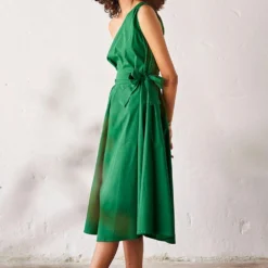 Khara Kapas Dark Green Poplin One Shoulder Dress -Textalux Sales 19923kk15 4