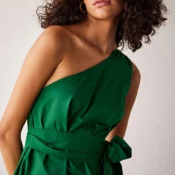 Khara Kapas Dark Green Poplin One Shoulder Dress -Textalux Sales 19923kk15 5