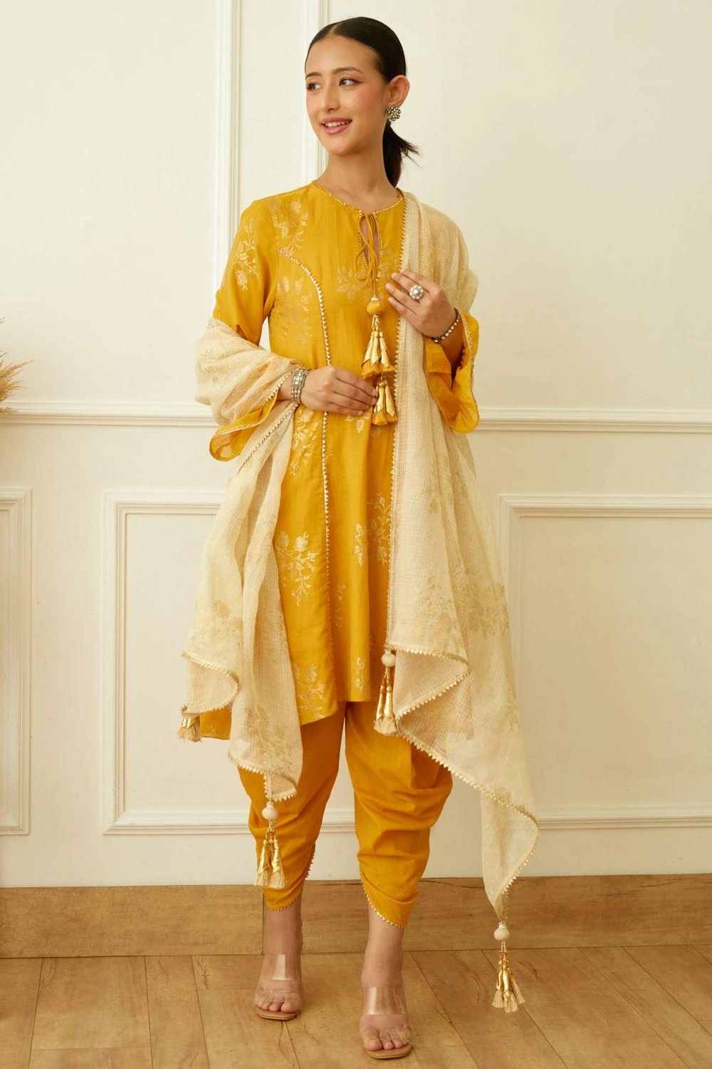 Nikasha Ochre Foil Dhoti Set 3 Nikasha Ochre Foil Dhoti Set