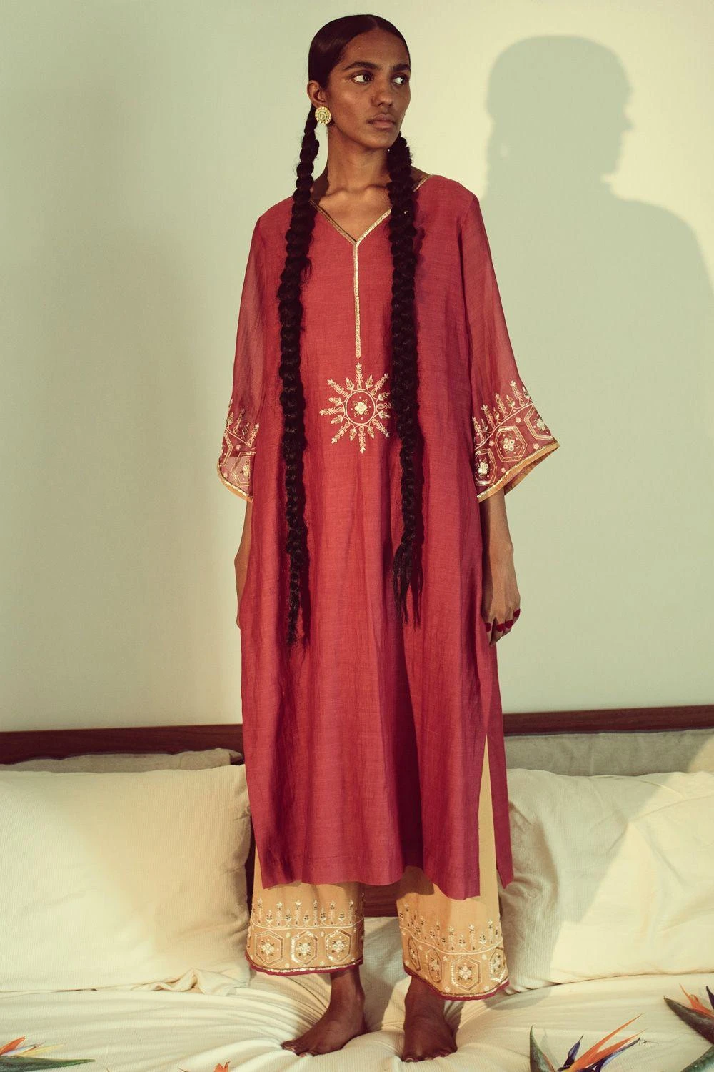 Sarang Kaur Pink & Yellow Jaipuri Hand Embroidered Kurta Set 4 Sarang Kaur Pink & Yellow Jaipuri Hand Embroidered Kurta Set - Image 2