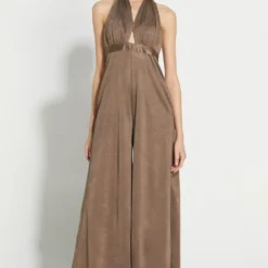 431-88 By Shweta Kapur Sepia Crushed Halter Neck Jumpsuit