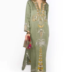 New Release 7 Heirloom By Rara Avis Sage Green Hamsa Embroidered Column Dress