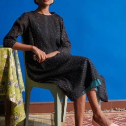 Indigene Black & Teal Pintucked Dress