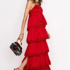 Rara Avis Red Tiered Embellished Maxi Dress -Textalux Sales 25ra19 2