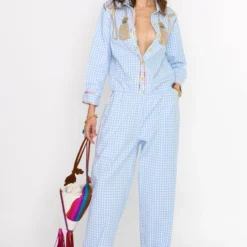 Rara Avis Sky Blue Hand Embellished Checkered Jumpsuit
