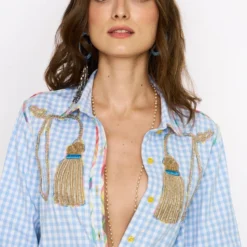 Rara Avis Sky Blue Hand Embellished Checkered Jumpsuit -Textalux Sales 25ra26 3