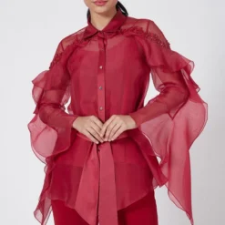 Rohit Gandhi + Rahul Khanna Scarlet Red Embellished Swing Top -Textalux Sales 25tp17 3