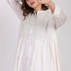 Ekadi White Hand Embroidered Block Print Dress -Textalux Sales 286ekd20 4