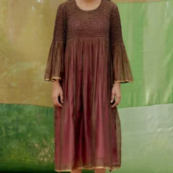 SWGT Brown Silk Chanderi Bead Dress