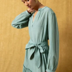 SWGT Green Gathered Dress With A Belt -Textalux Sales 33sw1 3