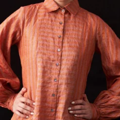 Amrich Nura Coral Red Hand-Woven Metallic Stripe Shirt -Textalux Sales 41123am37 3